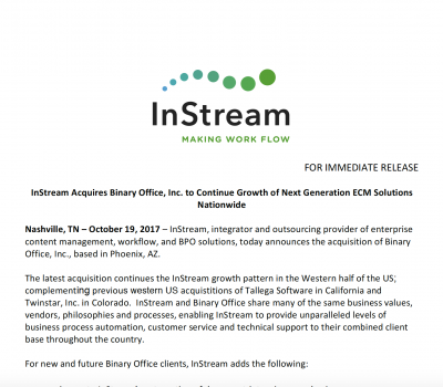 InStream Acquires Binary Office, Inc.